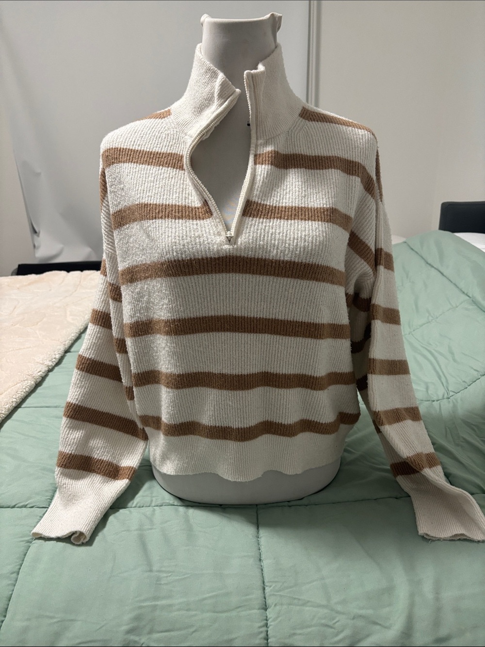 French Connection Cream and Camel Striped Half-Zip Turtleneck Sweater